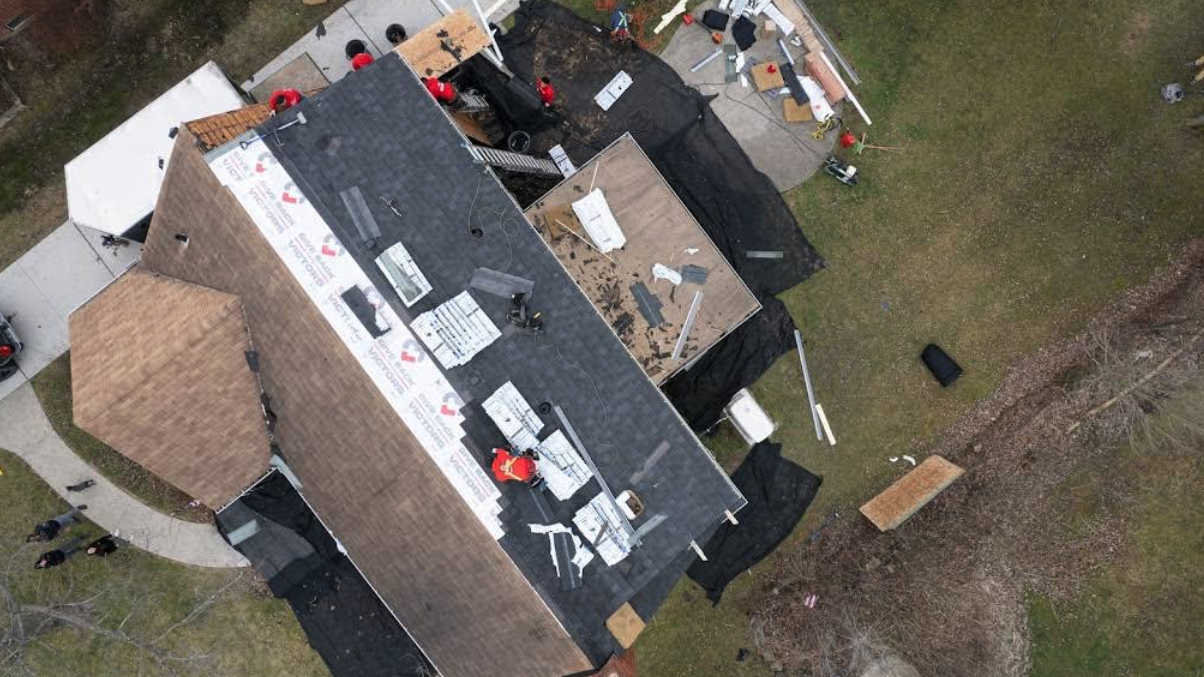 Roof replacement aerial view of a home in Hamilton, Ohio, a suburb of Cincinnati